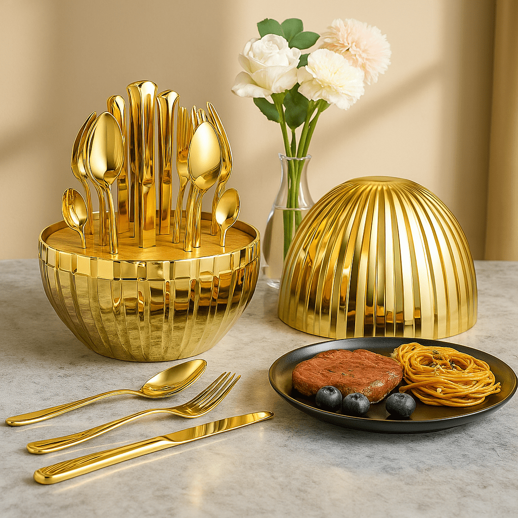 24‑dijelni zlatni set pribora za jelo s elegantnim postoljem