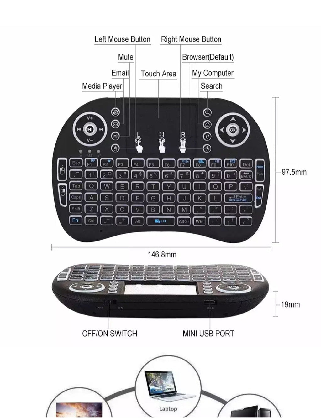 i8 Mini Bežična Tipkovnica s Touch Padom