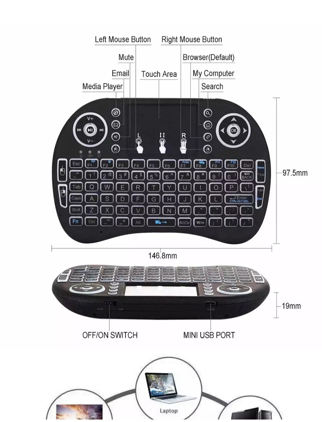 i8 Mini Bežična Tipkovnica s Touch Padom